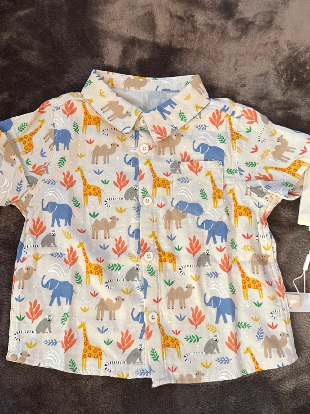 Kids Short-Sleeve Safari Button-Down Shirt - White with Colorful Animal Print